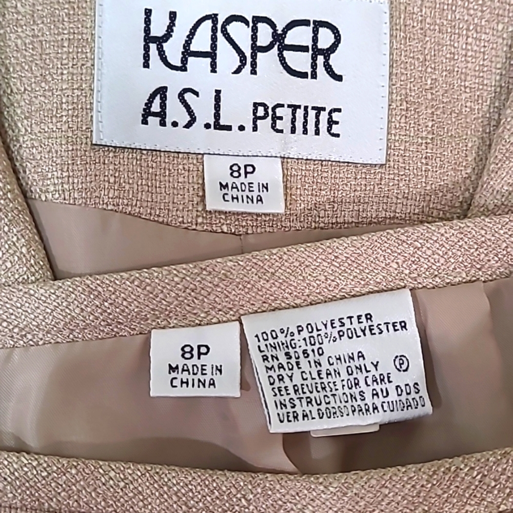 Kasper 2 piece Blazer Jacket Skirt Suit Set Tan Wood Beading Embroidery 8P - Picture 11 of 13